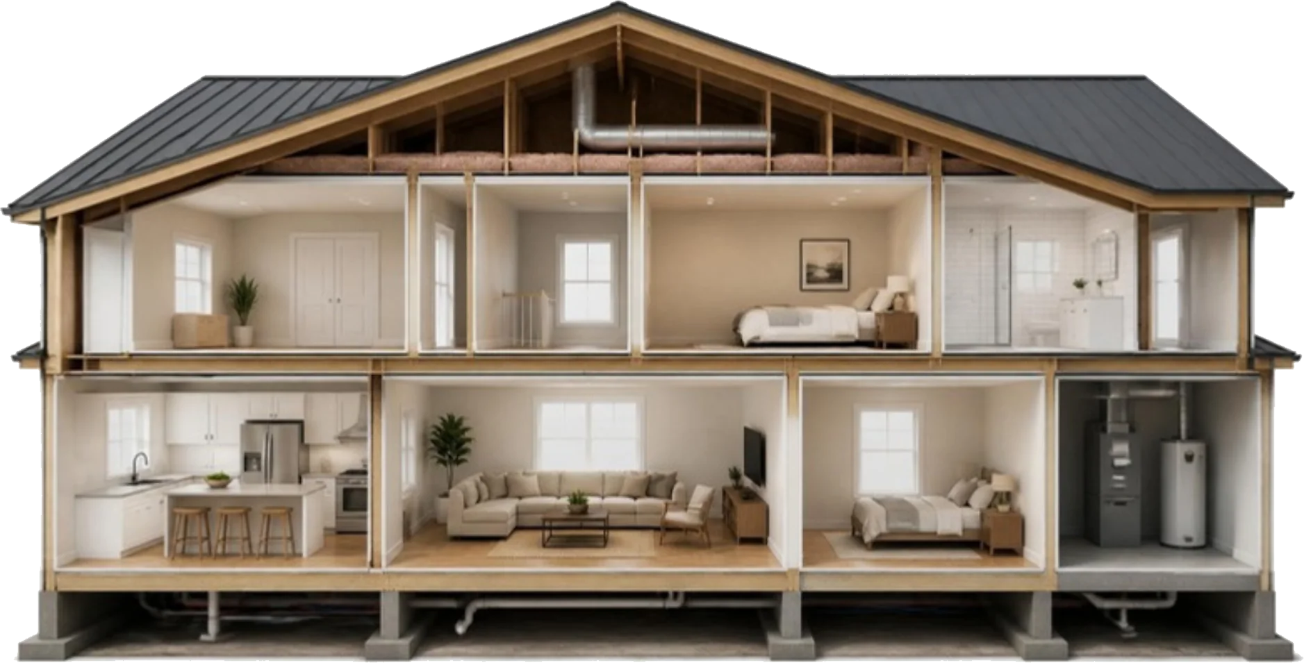 Cross-section of a house showing the attic, bedrooms, kitchen, living room, bathroom, mechanical room and crawl space